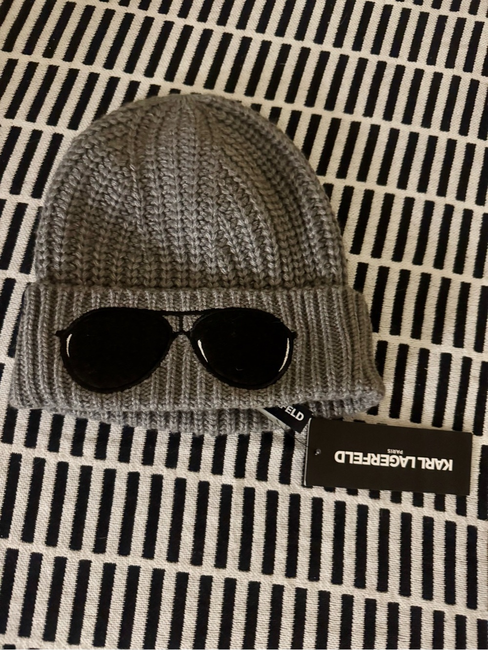 Karl Lagerfeld Gray Ribbed Beanie with Sunglass Patch NWT